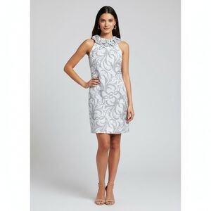 London TIMES halter party shift dress shimmer white gray Sz 8 wedding guest